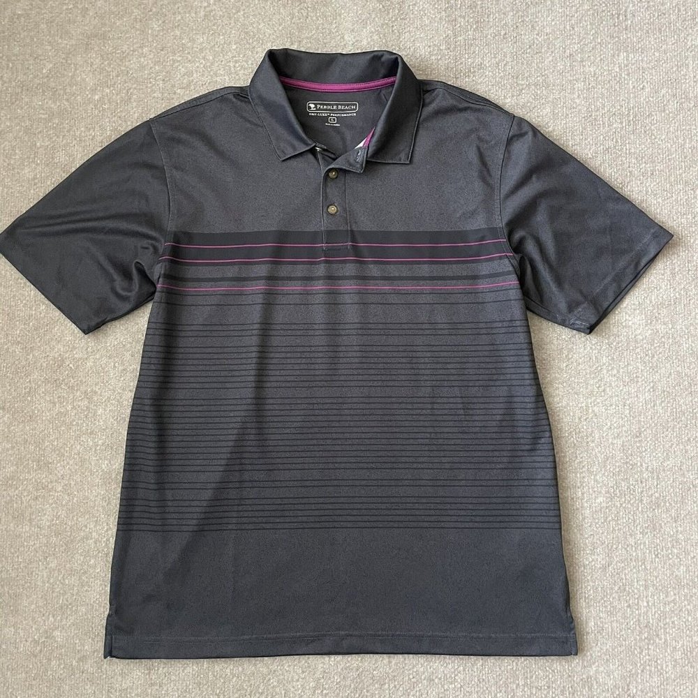 Pebble Beach Shirt Mens Large Grey Purple Striped Golf Polo Dry-Luxe Performance